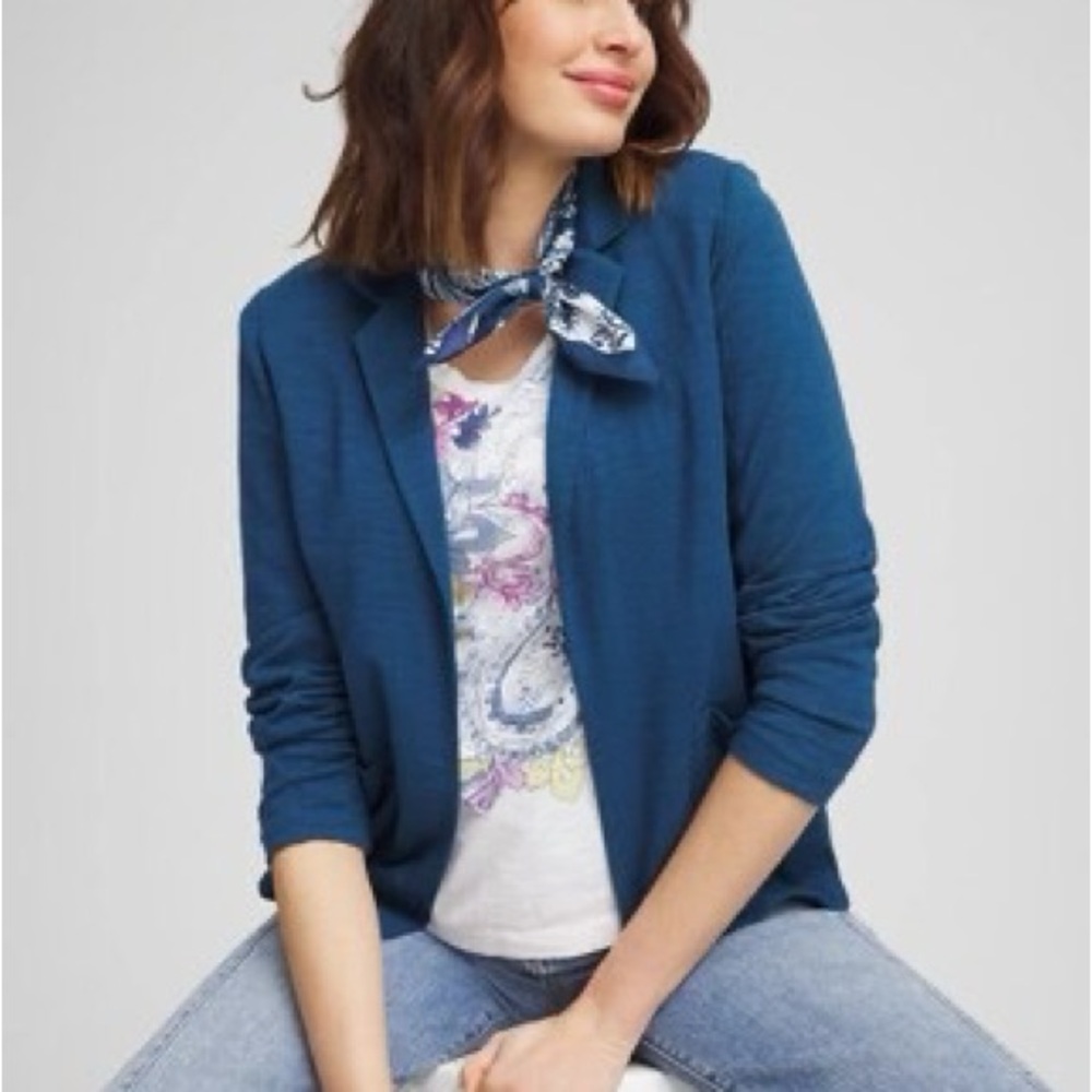 Chico's Blue Knit Blazer Fitted Open Front